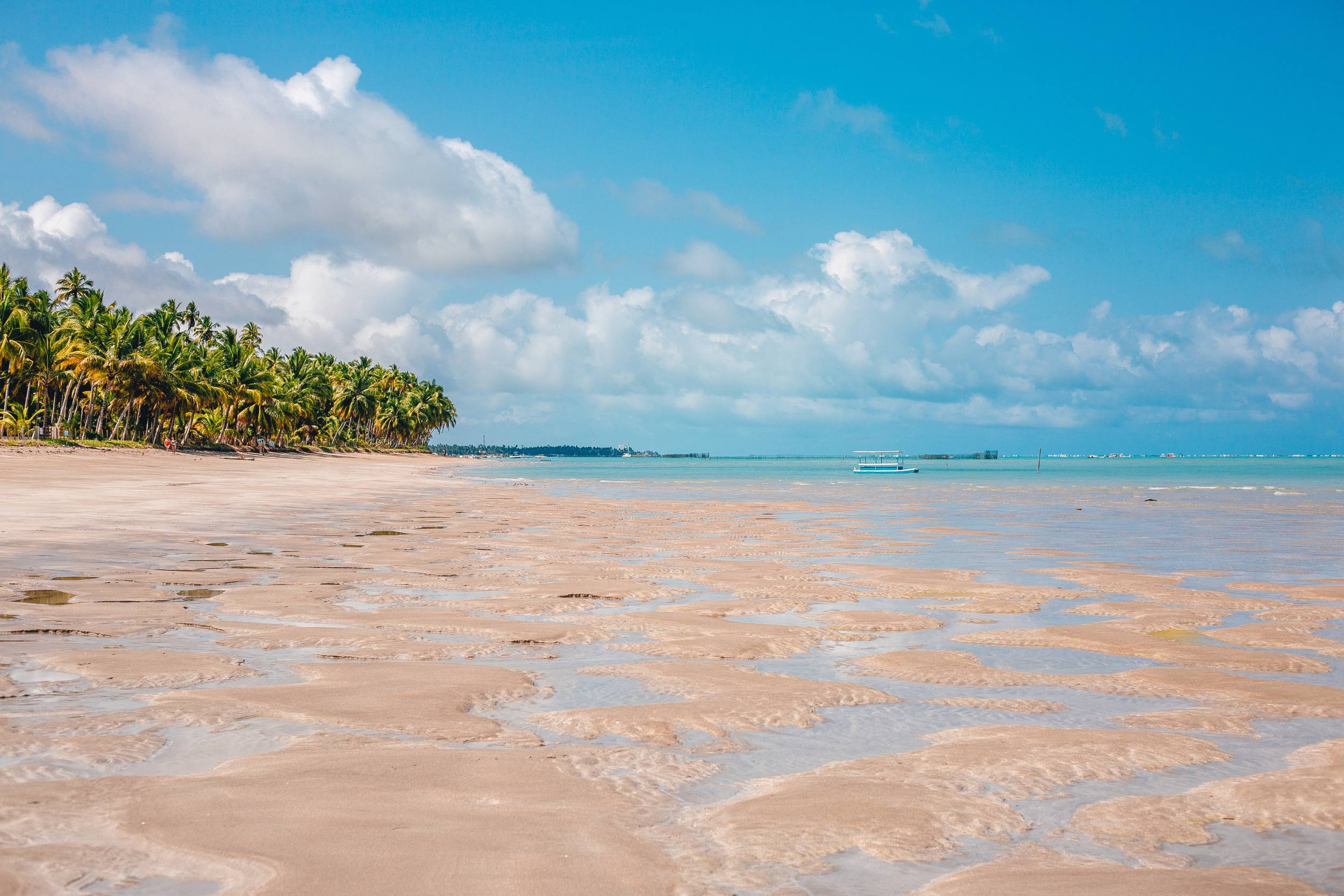 Visão da areia molhada após recuo da água do mar na praia de Ponta do Mangue, em Maragogi.